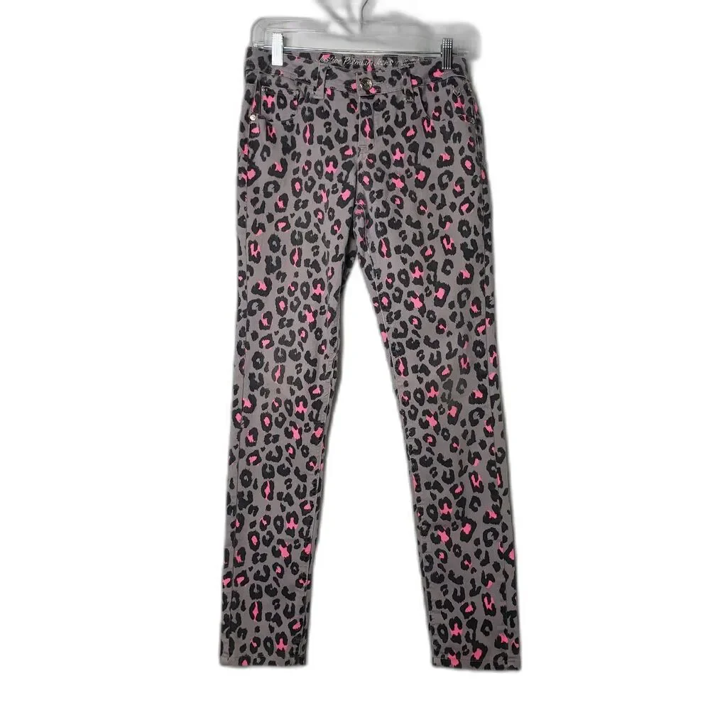 JUSTICE Gray Stretch Jeans with Pink and Black Leopard Spots Girls Size 16R